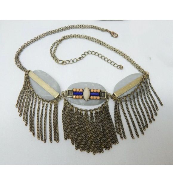 Vintage Semi Precious Stone And Antiqued Brass Tassel Boho Necklace - Picture 3 of 3